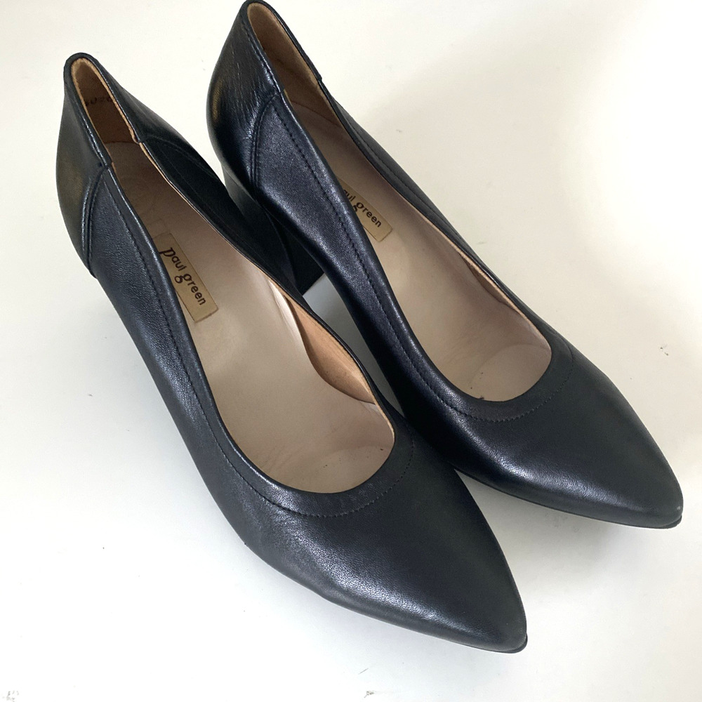 Paul Green Yvette Pump Black Leather Nappa Block Heel Point Toe 7.5 UK 10 US - Picture 2 of 10